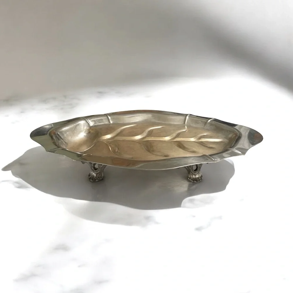 VTG Silver on Copper Footed Turkey Platter Large Leaf Design Serving Tray 18